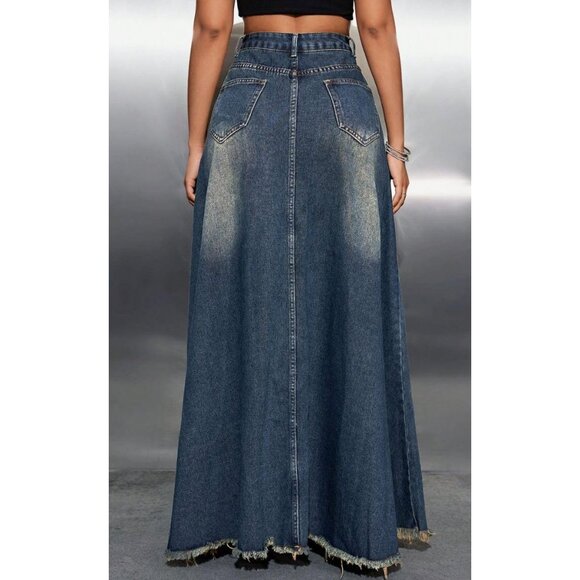 Women's High Waist Denim Skirt Full Length Frayed Raw Hem Flared A Line - Picture 3 of 5